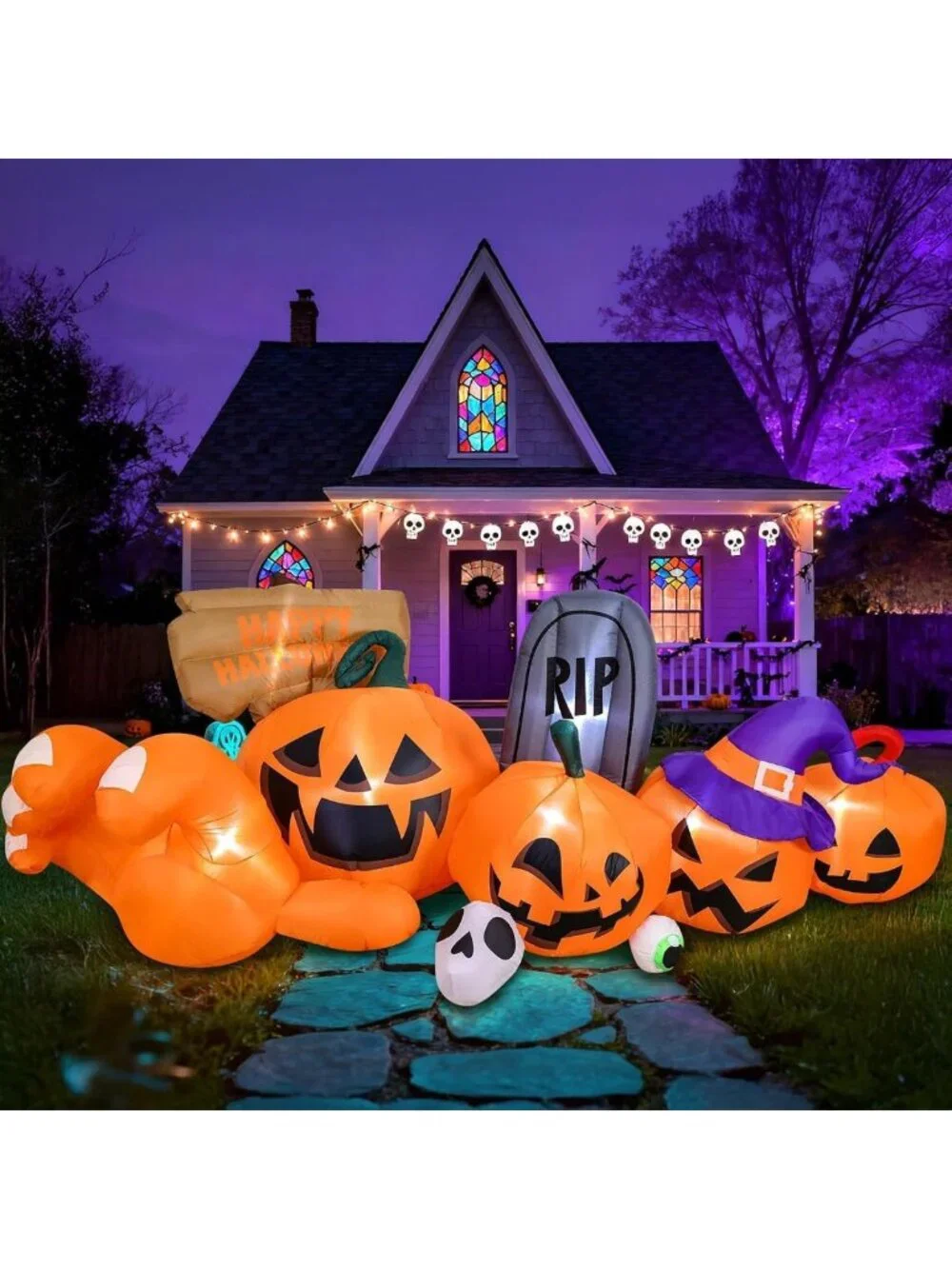 9.2 Ft Halloween Inflatable Yard Decor - LED Pumpkin, Gravestone & Witch Hat